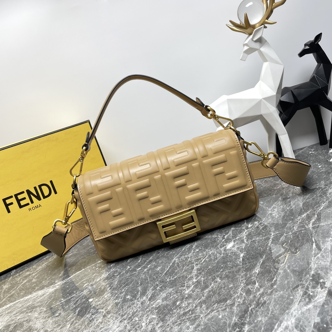 Fendi Medium Baguette Nappa Leather with FF Motif Shoulder Bag Light Tan